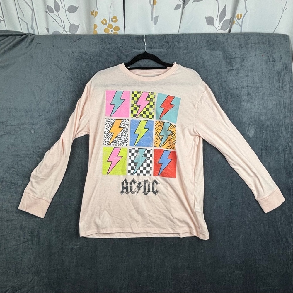 AC/DC Pink Long Sleeve Tee with Retro Graphics Kids Large